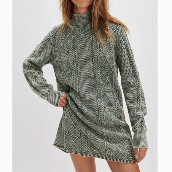 Free People Sage Green Cable Knit Mini Dress - Picture 4 of 7